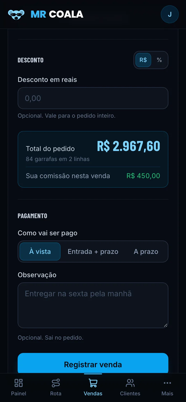 Total do pedido com a comissão do vendedor