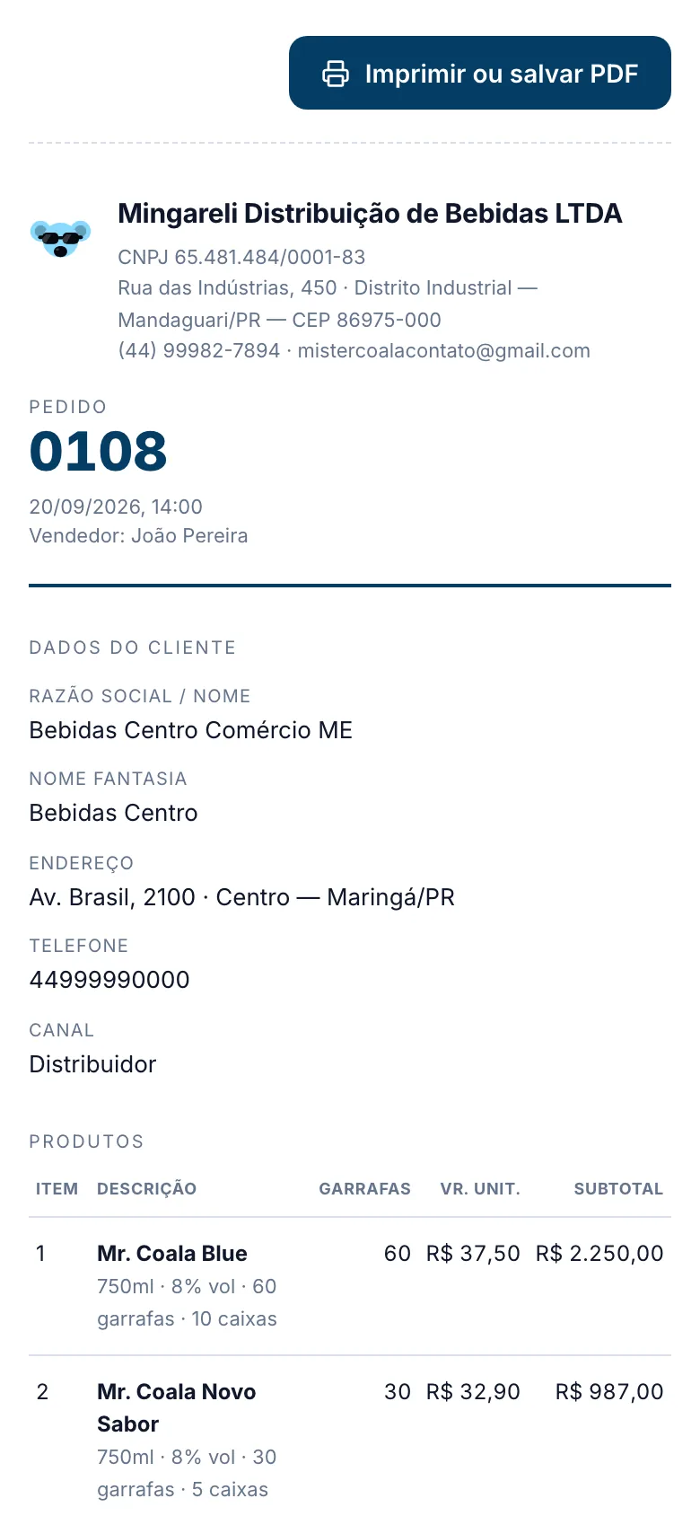 Pedido aberto pelo cliente no celular