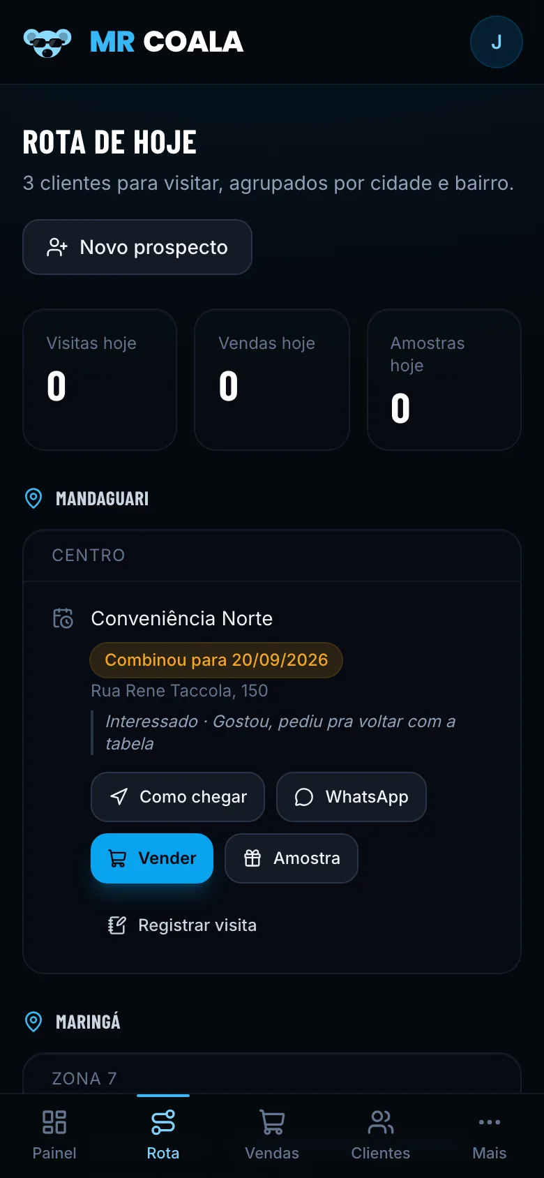 Rota do dia agrupada por cidade e bairro