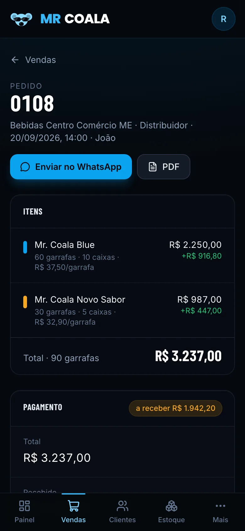 Página da venda com botão de enviar no WhatsApp
